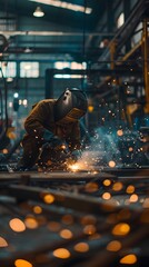 A worker is welding metal pieces in the factory, sparks flying around him