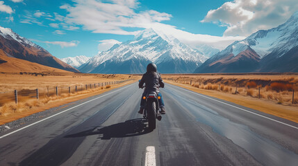 Young woman motorcyclist cruises along a picturesque open road, heading toward majestic snow-capped mountains under a clear blue sky. - Powered by Adobe