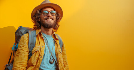 Obraz premium Portrait of smiling young man with backpack standing isolated over yellow background