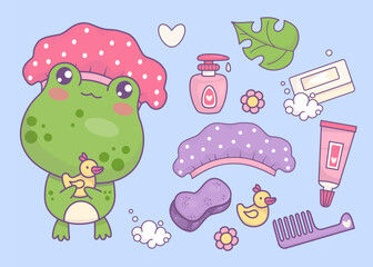 Bath-time set. Cute charming cartoon frog in shower cap with rubber duck. Cartoon kawaii animal character, bath accessories, soap, sponge, cream, comb, shampoo and cosmetics. Vector illustration