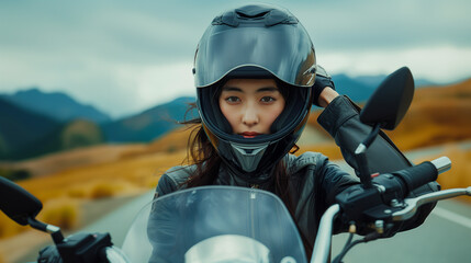 A young woman motorcyclist adjusts her helmet, ready to ride on a scenic mountain road, surrounded by autumn colors.