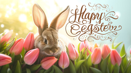 A whimsical Easter scene with a curious bunny peeking out from behind a cluster of tulips, the words "Happy Easter" written in swirling script against a backdrop of soft, dappled sunlight.