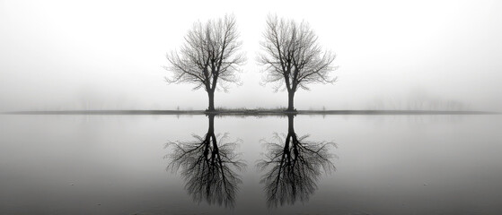 Two trees reflected in the water lake, conceptual contrast, reflection on nature