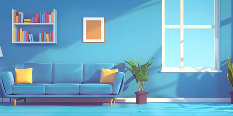 Stylish living room interior of modern apartment and trendy furniture with blue background.
