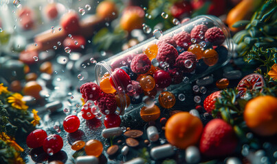Vitamins and berries in glass bottle with water drops