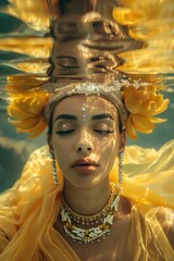 Wunderschöne Frau, traditionelle Kleidung, praktiziert Achtsamkeit unter Wasser, umgeben von klarem Wasser und Lichtreflexen, Stimmung der Achtsamkeit, Meditation und Entspannung des Geistes.