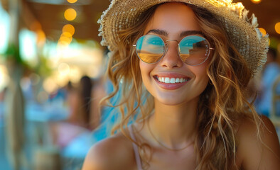 Woman wearing sunglasses and hat smiles at the camera.