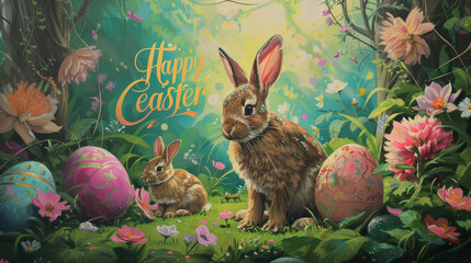 A whimsical Easter garden with playful bunnies frolicking among colorful eggs and blooming flowers, the words "Happy Easter" written in swirling script against a backdrop of lush greenery.