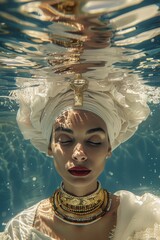 Wunderschöne Frau, traditionelle Kleidung, praktiziert Achtsamkeit unter Wasser, umgeben von klarem Wasser und Lichtreflexen, Stimmung der Achtsamkeit, Meditation und Entspannung des Geistes. - obrazy, fototapety, plakaty