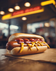 hot dog at fast food restaurant, food court, street restaurant
