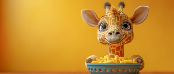 A giraffe is holding a bowl of food in its mouth, depicted as a happy