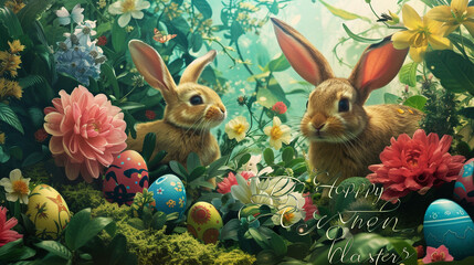 A whimsical Easter garden with playful bunnies hopping among colorful eggs and vibrant flowers, the words "Happy Easter" written in swirling script against a backdrop of lush greenery.