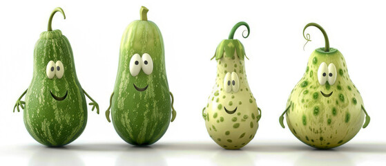 Four cartoon squash with different patterns and white clean background