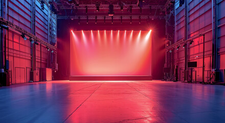 A large empty stage with red lights shining on it