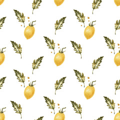 Watercolor vegetables seamless pattern. Fresh healthy food background. Yellow tomatoes. Agriculture, local farmers market, diet, organic cooking illustration, print for textile