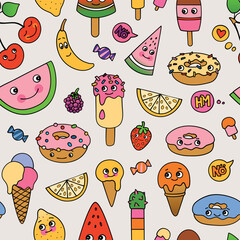 Seamless Pattern, Sweets and Fruits Doodle Illustrations in Japanese Kawaii Style