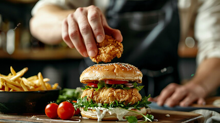 A dynamic shot of Chick-fil-A chicken sandwich being assembled with fresh ingredients.