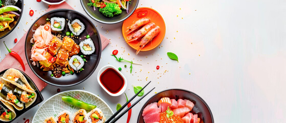 Variety of Asian food displayed on a table, including sushi, sashimi, copy space for text
