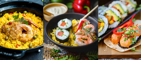 Three different types of food shown in collage, including sushi, shrimp and rice