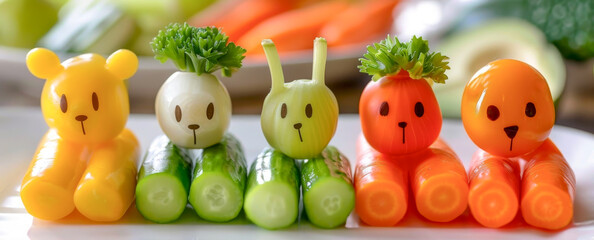 A plate of vegetables with faces drawn on them