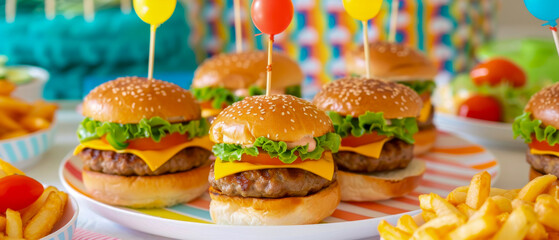 Plate of hamburgers and french fries with a colorful background