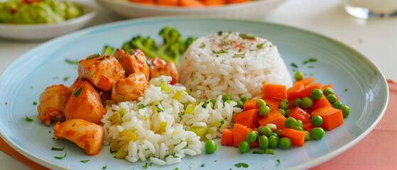 Tender pieces of chicken with white rice, accompanied peas and carrots on vibrant plate