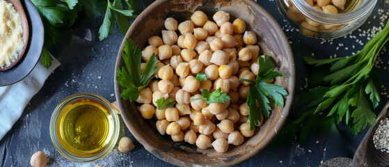 Bowl of chickpeas on table with jar of oil and bunch of parsley