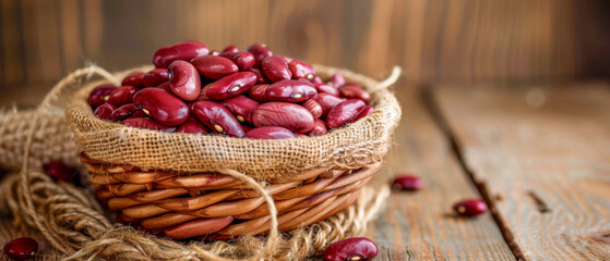 Close up rustic basket of red beans sitting on wooden table, blurred background