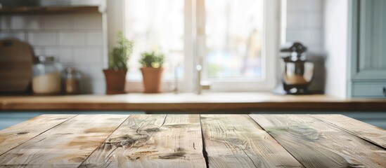 Wooden tabletop with empty space above blurred kitchen window backdrop