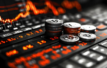 Coins representing bitcoin on stock graph, representing stock, finance, trading, risk, bitcoin trading