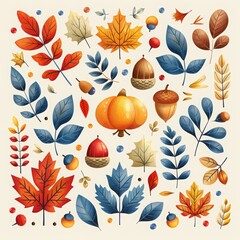 Illustration of assorted colorful autumn leaves, pumpkins, and acorns, ideal for seasonal design themes.