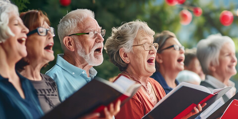 Group of senior women and men singing together at choir rehearsal. A community choir performing at a local nursing home. Hobbies and leisure for elderly people. - Powered by Adobe
