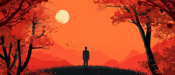 Illustration with silhouette man stands in autumn forest at sunset