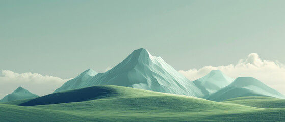 Illustration with mountain range with green hillside and a clear sky