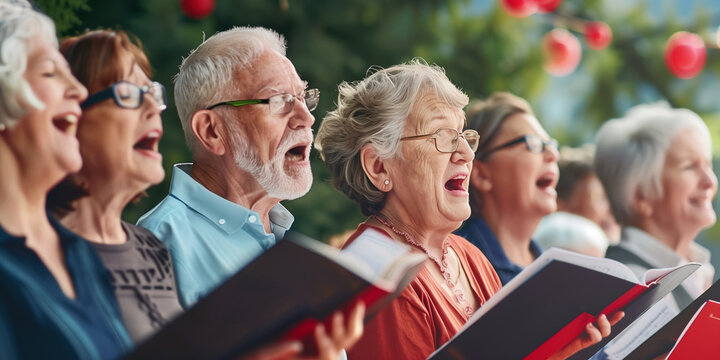 Group of senior women and men singing together at choir rehearsal. A community choir performing at a local nursing home. Hobbies and leisure for elderly people.