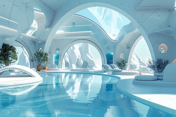 Retrofuturism abode with arched viewports, under a clear blue expanse.