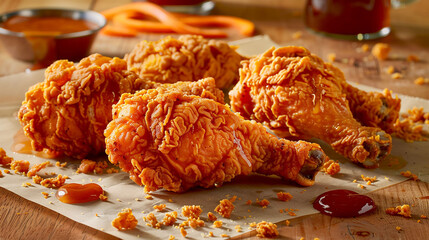 A tantalizing array of Popeyes chicken pieces, served with hot sauce and honey.
