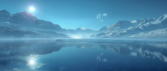 A beautiful blue sky and blue lake with snowy mountains in the background