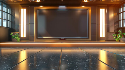 An empty TV screen studio virtual background, offering a blank canvas for your virtual events, meetings, and interviews, with customizable elements and lifelike details