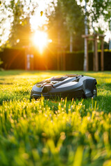 Robot lawn mower on perfectly manicured lawn on sunny summer evening, on a backdrop of residential house backyard.