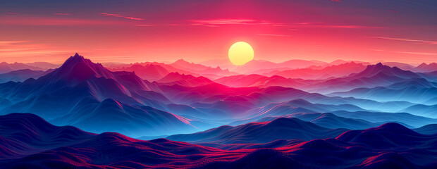 A beautiful illustration with mountain range with large sun in the sky