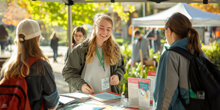 Mental health awareness campaign booth at a college campus, with volunteers handing out informational brochures and talking to students.