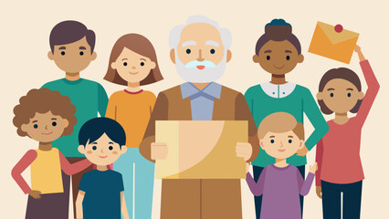 A group of grandchildren gathered around their grandparents holding up cardboard outs of historical figures that they made together as they retell the. Vector illustration