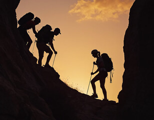 Silhouette of male and female hikers climbing a mountain cliff, depicting the concepts of help and teamwork.