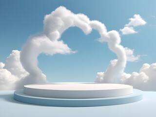 a cloud background podium is set against a blue sky, creating a tranquil and dreamy scene