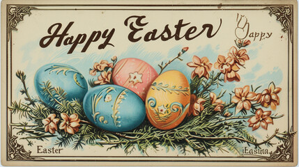 A vintage-style postcard featuring an illustration of Easter eggs and the words "Happy Easter" in cursive.
