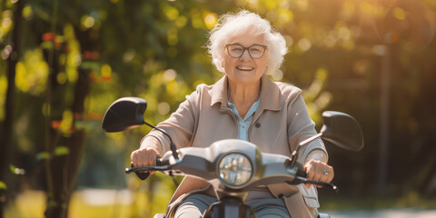 Beautiful senior lady using her mobility scooter to move across the city. Mobility aid for elderly people.