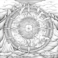 Naklejka premium A black and white mandala with intricate patterns and designs set against a backdrop of mountains and clouds for coloring