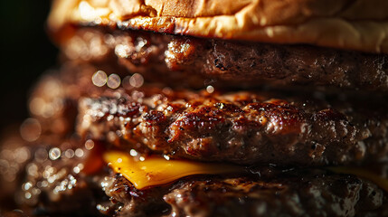 Close-up of double burgers, showcasing the succulent beef patties nestled between toasted buns.