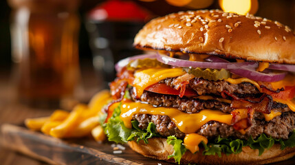 Close-up of double burgers with perfectly melted cheese cascading over the sides. - Powered by Adobe